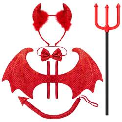Spooktacular Creations 5 teiliges Halloween-Teufelskostüm-Set mit roten Teufelsflügeln, Teufelsheugabel, Fliege, Pailletten-Teufelshorn-Stirnband und Teufelsschwanz-Dämonenkostümzubehör von Spooktacular Creations