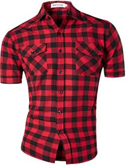 Sportrendy Herren Freizeit Hemden Slim Button Down Short Sleeves Plaid Shirts S011 RedBlack XL von Sportrendy