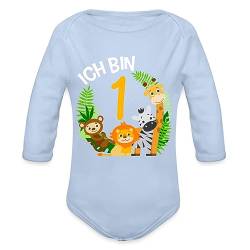 Spreadshirt 1. Geburtstag Dschungel Tiere Baby Bio-Langarm-Body, 74 (6-9 M.), Sky von Spreadshirt