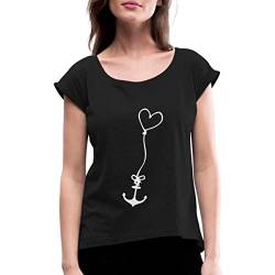 Spreadshirt Anker Mit Herz Luftballon Frauen T-Shirt mit gerollten Ärmeln, S, Schwarz von Spreadshirt