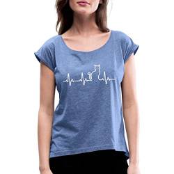 Spreadshirt Katze Silhouette EKG Herzschlag Katzenfan Frauen T-Shirt mit gerollten Ärmeln, S, Denim meliert von Spreadshirt