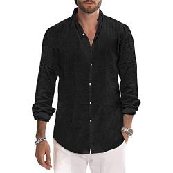 Herren Hemden Baumwolle Leinen Hemd Casual Langarm Button Down Strandhemd M-3XL, Schwarz , 3XL von Sprifloral