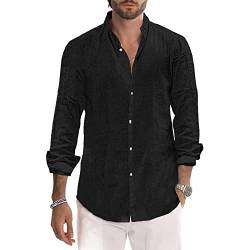 Herren Hemden Baumwolle Leinen Hemd Casual Langarm Button Down Strandhemd M-3XL, Schwarz , XL von Sprifloral