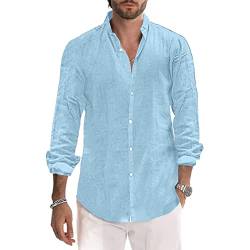 Herren Hemden Baumwolle Leinen Hemd Casual Langarm Button Down Strandhemd M-3XL, hellblau, XL von Sprifloral