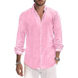 Herren Hemden Baumwolle Leinen Hemd Casual Langarm Button Down Strandhemd M-3XL, rose, 3XL von Sprifloral