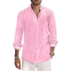 Herren Hemden Baumwolle Leinen Hemd Casual Langarm Button Down Strandhemd M-3XL, rose, L von Sprifloral