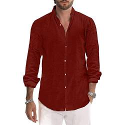 Herren Hemden Baumwolle Leinen Hemd Casual Langarm Button Down Strandhemd M-3XL, rot, XXL von Sprifloral