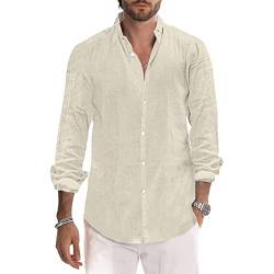 Herren Hemden Baumwolle Leinen Hemd Casual Langarm Button Down Strandhemd M-3XL, weiß, XXL von Sprifloral