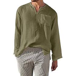 Herren Hemden Casual Leinen Shirt Leicht Mode Langarm Henley T Shirts, grün, L von Sprifloral