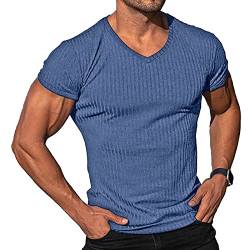 Herren Kurzarm V-Ausschnitt T-Shirt Workout Muscle Slim Fit Baumwolle Solid Sport T-Shirt S-3XL, blau, XL von Sprifloral