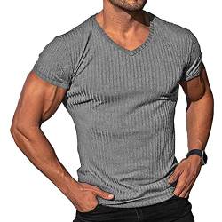 Herren Kurzarm V-Ausschnitt T-Shirt Workout Muscle Slim Fit Baumwolle Solid Sport T-Shirt S-3XL, grau, 3XL von Sprifloral
