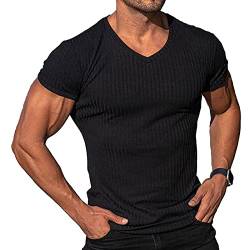 Herren Kurzarm V-Ausschnitt T-Shirt Workout Muskel Slim Fit Baumwolle Solid Sport T-Shirt S-3XL, Schwarz , 3XL von Sprifloral
