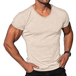 Herren Kurzarm V-Ausschnitt T-Shirt Workout Muskel Slim Fit Baumwolle Solid Sport T-Shirt S-3XL, beige, XL von Sprifloral