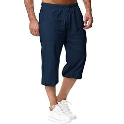 Herren Leinen-Shorts 3/4 Länge Hosen Sommerhose Strand Yoga Jogger Casual Sweatpants Dunkelblau 3XL von Sprifloral