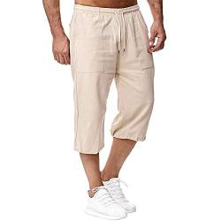 Herren Leinen-Shorts 3/4 Länge Hosen Sommerhose Strand Yoga Jogger Casual Sweatpants Khaki 3XL von Sprifloral
