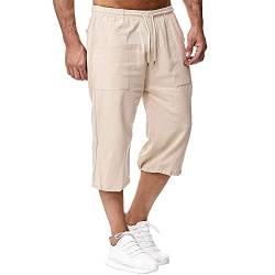 Herren Leinen-Shorts 3/4 Länge Hosen Sommerhose Strand Yoga Jogger Casual Sweatpants Khaki S von Sprifloral