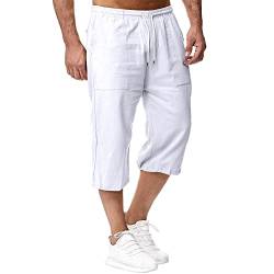 Herren Leinen-Shorts 3/4 Länge Hosen Sommerhose Strand Yoga Jogger Casual Sweatpants Weiß L von Sprifloral