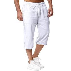 Herren Leinen-Shorts 3/4 Länge Hosen Sommerhose Strand Yoga Jogger Casual Sweatpants Weiß XXL von Sprifloral