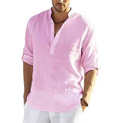 Herren Leinenhemden, lässige Baumwoll-T-Shirts, Sommer, Henley-Shirt, Strand, kurzärmeliges Oberteil, rose, 3XL von Sprifloral