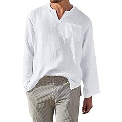 Sprifloral Herren Hemden Casual Leinenhemd Leicht Mode Langarm Henley T Shirts, weiß, XL von Sprifloral