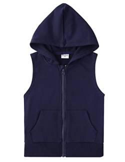 Spring&Gege Jungen Ärmellos Einfarbig Baumwoll Hoodie Kapuzenweste mit durchgehendem Reißverschluss Basic Tanktops Sweatshirt mit Taschen für Kinder, Marineblau, 5-6 Jahre von Spring&Gege