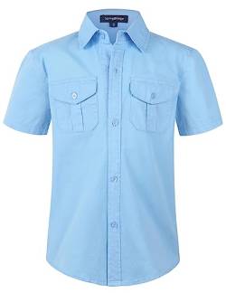 Spring&Gege Jungen Einfarbig kurzärmeliges Western Hemden bügelleicht Button Down Hemd für Kinder Zwei Taschen, Blau, 5-6 Jahre von Spring&Gege