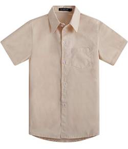 Spring&Gege Jungen Kurzarm Einfarbig Formale Baumwoll Hemden Klassisch Schuluniform Shirts für Kinder, Beige, 11-12 Jahre von Spring&Gege