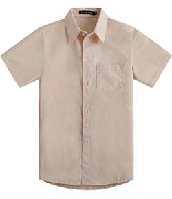 Spring&Gege Jungen Kurzarm Einfarbig Formale Baumwoll Hemden Klassisch Schuluniform Shirts für Kinder Beige 7-8 Jahre von Spring&Gege