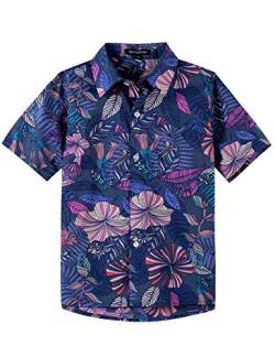Spring&Gege Jungen Kurzarm Hawaiihemd Cartoon Print Unisex Button Down Lustig Shirts, Lila Blatt, 128-134 von Spring&Gege