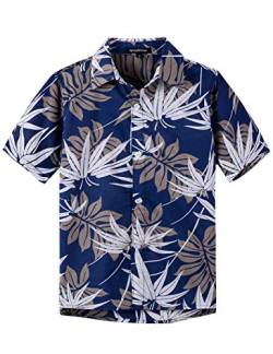 Spring&Gege Jungen Kurzarm Hawaiihemd Cartoon Print Unisex Button Down Lustig Shirts, Marineblaues Blatt, 128-134 von Spring&Gege