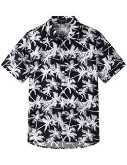 Spring&Gege Jungen Kurzarm Hawaiihemd Cartoon Print Unisex Button Down Lustig Shirts, Schwarz Weiß Kokosnussbaum, 116-122 von Spring&Gege