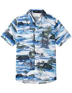 Spring&Gege Jungen Kurzarm Hawaiihemd Cartoon Print Unisex Button Down Lustig Shirts, Weiß Blau Kokosnussbaum, 116-122 von Spring&Gege