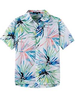 Spring&Gege Jungen Kurzarm Hawaiihemd Cartoon Print Unisex Button Down Lustig Shirts, Weißes Blatt, 140-146 von Spring&Gege