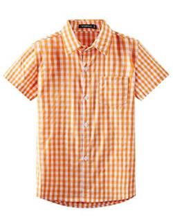 Spring&Gege Jungen Kurzarm Popeline Button Down Shirt Baumwolle Plaid Uniform Hemden, Orange Gingham,128 134 von Spring&Gege