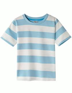 Spring&Gege Jungen Kurzarm T-Shirt mit Streifen Rundhalsausschnitt aus Baumwolle für Kinder,Himmelblau&Weiß Streifen 128-134 (7-8) von Spring&Gege