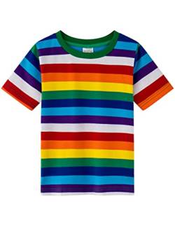 Spring&Gege Jungen Kurzarm T-Shirt mit Streifen Rundhalsausschnitt aus Baumwolle für Kinder,Neuer Regenbogen Streifen 140-146 (9-10) von Spring&Gege