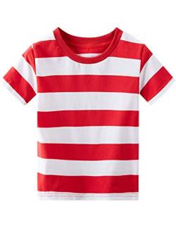Spring&Gege Jungen Kurzarm T-Shirt mit Streifen Rundhalsausschnitt aus Baumwolle für Kinder,Rot weiße Streifen, 128-134 von Spring&Gege