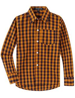 Spring&Gege Jungen Langarm Popeline Button Down Shirt Baumwolle Plaid Uniform Dress Shirts, Orange/Marineblaues Gingham,XL von Spring&Gege