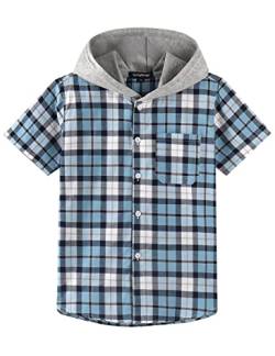Spring&Gege Jungen Mädchen Hoodie Kurzarm Karohemd Lässig Baumwolle Button-Down Shirts, Blau, 11-12 Jahre von Spring&Gege