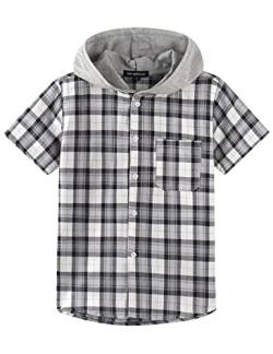 Spring&Gege Jungen Mädchen Hoodie Kurzarm Karohemd Lässig Baumwolle Button-Down Shirts, Schwarz Grau, 11-12 Jahre von Spring&Gege