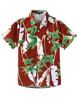 Spring&Gege Kinder Funky Hawaii Aloha Hemd Kurzarm Kreuzfahrt Strand Blumen Print Urlaub Unisex Button Down Shirts Tops, Grün Blatt/Weinrot, 13-14 Jahre(164 170) von Spring&Gege