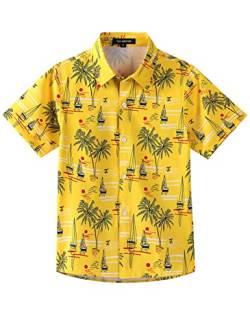 Spring&Gege Kinder Funky Hawaii Aloha Hemd Kurzarm Kreuzfahrt Strand Blumen Print Urlaub Unisex Button Down Shirts Tops, Schwarz Blatt/Gelb, 5-6 Jahre(116 122) von Spring&Gege