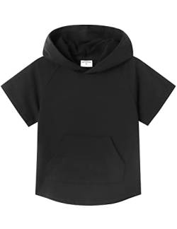 Spring&Gege Kinder Lässig Einfarbig Kurzarm Kapuzenpullover Pullover Basic Baumwolle Kapuzenpulli T-Shirt, Schwarz, 5-6 Jahre(S/116 122) von Spring&Gege