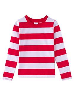 Spring&Gege Langärmliges gestreiftes T-Shirt für Jungen Baumwoll-T-Shirts mit Rundhalsausschnitt, Roter und weißer Streifen, 7-8 Jahre von Spring&Gege