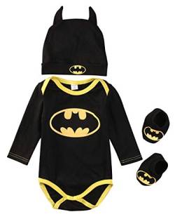 Baby Jungen Batman-Strampler kurz/langärmelig Overall Body Tops Caps Schuhe 3-teiliges Outfits Set Gr. Lange Ärmel 6-12 Monate, Langärmlig von Springcmy
