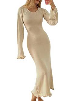 Damen Geripptes Strickkleid Langes Kleid Ärmellos/Langarm Spaghetti Bodycon Maxi Party Cocktail Kleid Sommer Strand Cover Up Club Kleid, D-beige, Small von Springcmy