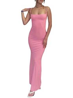 Damen-Maxikleid, niedrig geschnitten, rückenfrei, ärmellos, Cocktailkleid, figurbetont, Spaghetti-Träger, Cami, langes Party-Skims-Dupe-Clubkleid, A1-pink, Small von Springcmy