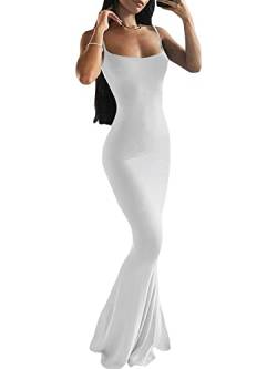 Damen-Maxikleid, rückenfrei, sexy, ärmellos, geteilt, Cocktailkleid, figurbetont, Spaghetti-Träger, langes Partykleid, Dupe-Ausschnittkleid, A1-Weiß, L von Springcmy