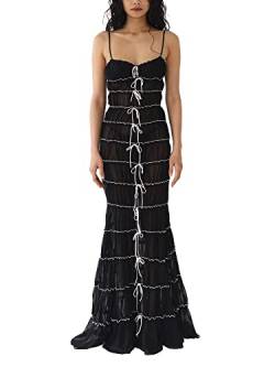 Frauen Sexy Spaghettiträger Maxi Kleid Y2K Low Cut Split Lange Kleid Spitze Mesh Maxi Party Bodycon Strandkleid, B-schwarz, L von Springcmy