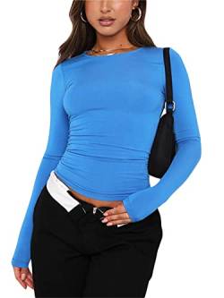 Frauen Y2k Basic Kurzarm Top Slim Fitted Baby Tee Rundhals Skim Dupe Crop Top Bluse Ästhetische Streetwear, A1-Blau, Large von Springcmy